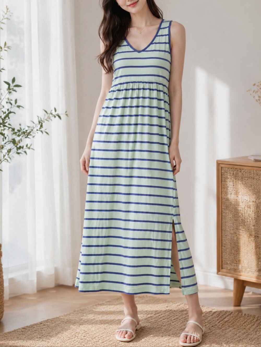 Maidenform Mint and Navy Striped Sleeveless Maxi Dress 100%cotton Size M